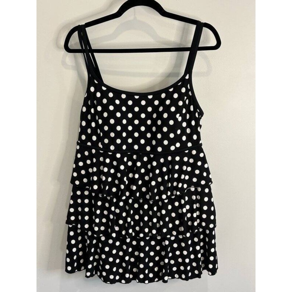 Great Lengths Black White Dot One Piece Swimsuit Tiered Ruffles Size 14